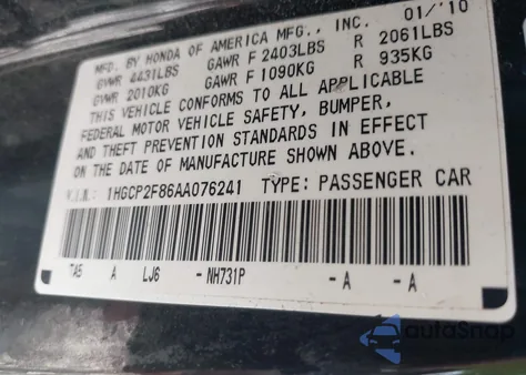 2010 Honda Accord 2.4 Ex-L from USA, damaged, VIN 1HGCP2F86AA076241